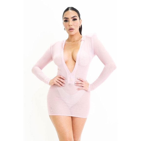 Women's Casual Deep V-Neck Hooded Mesh Cover-Up Long Sleeve Mini Dress S, M, L - Picture 11 of 12